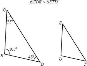 What is the measure of angle U?
A. 35°
B. 45°
C. 100°
D. 180°