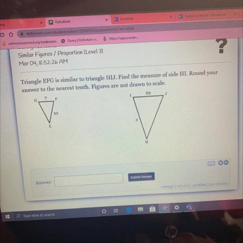 Triangle EFG is similar to triangle HIJ. Find the measure of side HI. Round your

answer to the ne