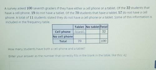 Please help its due soon!

A survey asked 100 seventh graders if they have either a cell phone or