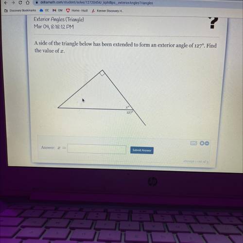 A side of the triangle below has been extended to form an exterior angle of 127°. Find

the value