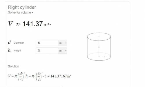 What is the volume of a right cylinder with a base diameter of 6m and a height of 5m