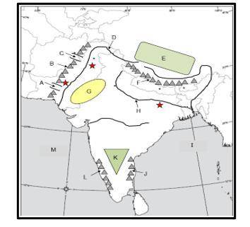 Which letter on the above map best represents the water nearest to Harappa, an early city of the In