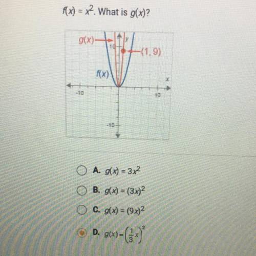 PLEASE I NEED THIS RLY FAST

f(x) = x2. What is g(x)?
A g(x) = 3²
B. g(x) = (3x)2 
C. g(x) = (9x)2