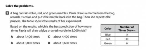 A bag contains blue, red, and green marbles. Paola draws a marble from the bag, records its color,