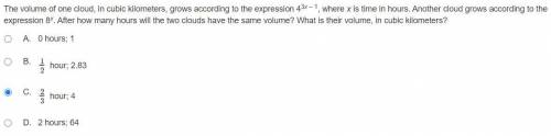 After how many hours will the two clouds have the same volume? What is their volume, in cubic kilom