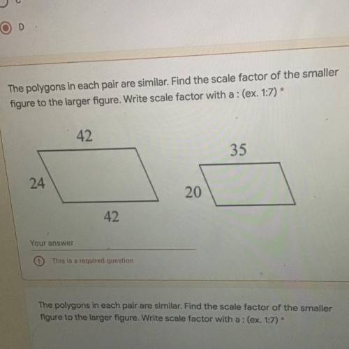 Need help please The polygons in each pair are similar. Find the scale factor of the smal figure to