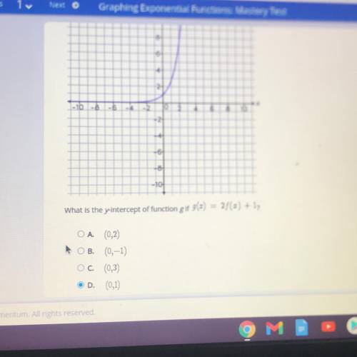 What is the y-intercept of function g if g(x) = 2f(x) + 1 ?

A. (0,2)
B. (0,-1)
C. (0,3)
D. (0,1)