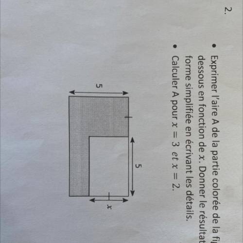• Exprimer l'aire A de la partie colorée de la figure ci-

dessous en fonction de x. Donner le rés