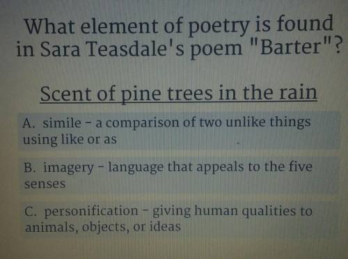 What element of poetry is found in Sara Teasdale's poem Barter? Scent of pine trees in the rain A