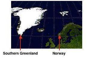As shown on the map, Norway and Southern Greenland are on the same latitude (60° N). Why is Norway