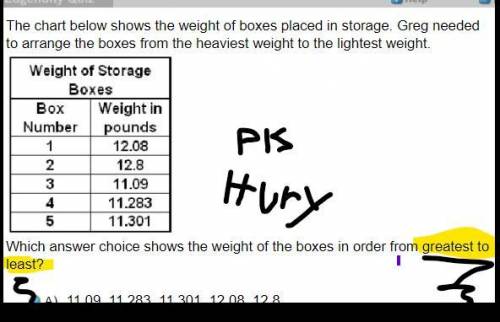 Plz hury Which answer choice shows the weight of the boxes in order from greatest to least?

A. 11
