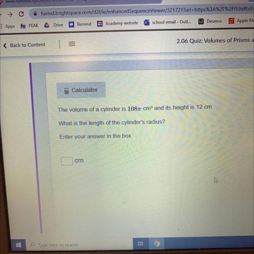 The volume of a cylinder is 1087 cm and its height is 12 cm.

What is the length of the cylinder's