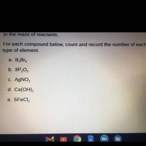 For each compound below, count and record the number of each
type of element. PLEASE HELP ME