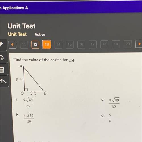 Find the value of the cosine for ZA.
8 ft
B