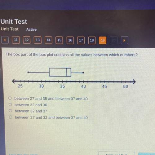 The box part of the box plot contains all the values between which numbers?

VX
->
50
25
30
35