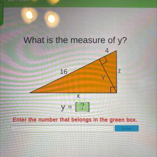 What is the measure of y?

4
16
Z
Y у
Х
y = [ ?]
Enter the number that belongs in the green box