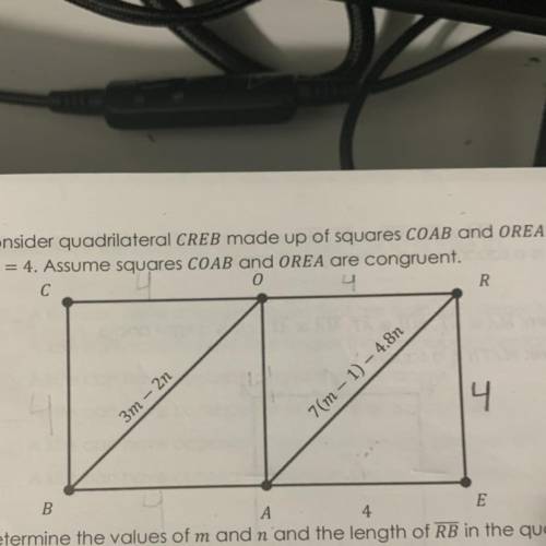 Consider quadrilateral CREB made up of squares COAB and OREA, where AE=4. Assume squares COAB and O