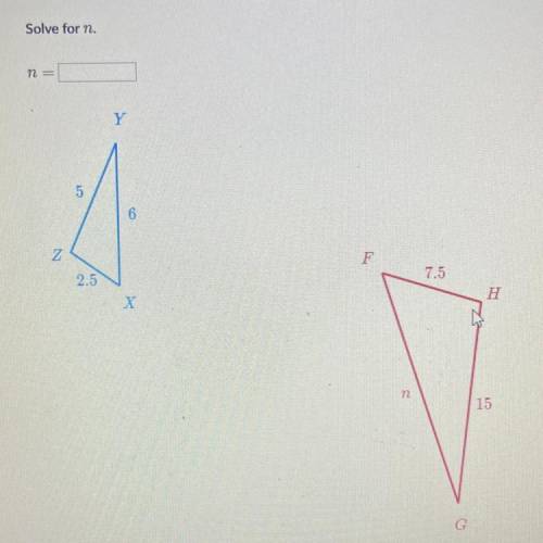 Solve for n.
121
Y
6
Z
F
2.5
7.5
H
X
m2
15
G