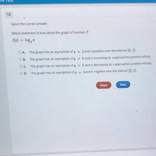 Select the correct answer.

Which statement is true about the graph of function ?
f(1) = log2
O A.