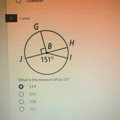 What is the measure of arc GI?
-119
-241
-238
-151