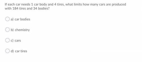 If each car needs 1 car body and 4 tires, what limits how many cars are produced with 184 tires and