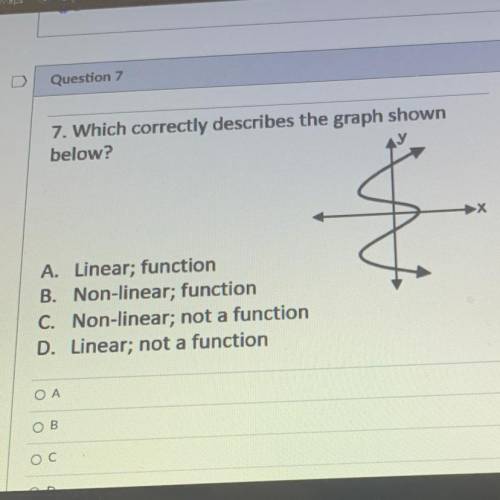 7. Which correctly describes the graph shown

below?
A. Linear; function
B. Non-linear; function
C