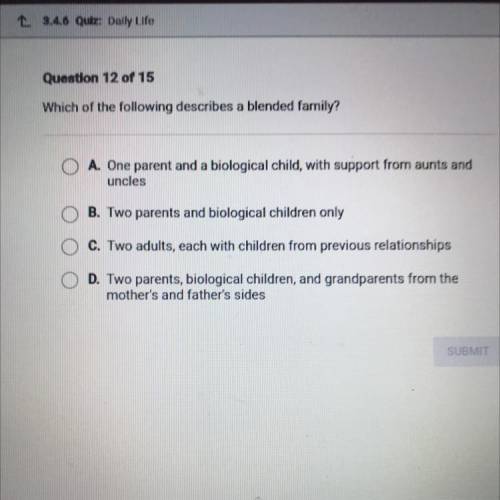 Which of the following describes a blended family?

O A. One parent and a biological child, with s