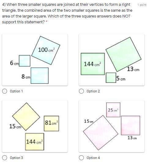 When three smaller squares are joined at their vertices to form a right triangle, the combined area