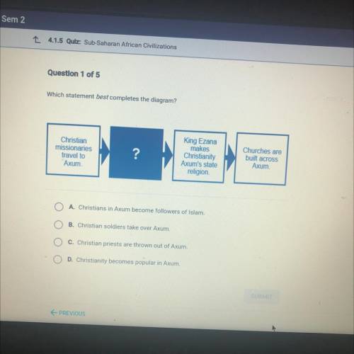 Which statement best completes the diagram?

Christian
missionaries
travel to
Axum.
?
King Ezana
m