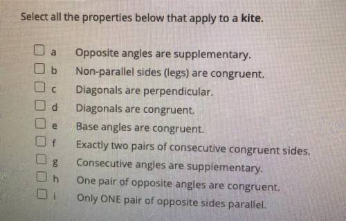 Select all the properties below that apply to a kite.

Opposite angles are supplementary.
Non-para