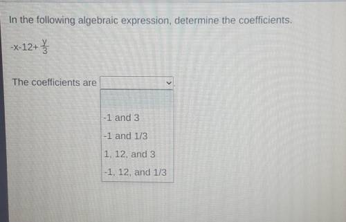In the following algebraic expression, determine the coefficients. -x-12+ The coefficients are -1 a