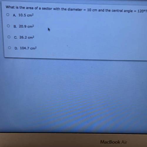 What is the area of a sector with the diameter = 10 cm and the central angle = 120 degrees