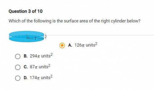 Which of the following is the surface area of the right cylinder below?