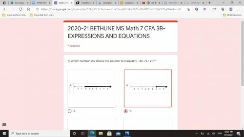 7) Which number line shows the solution to inequality –4k + 5 > 21 ? *