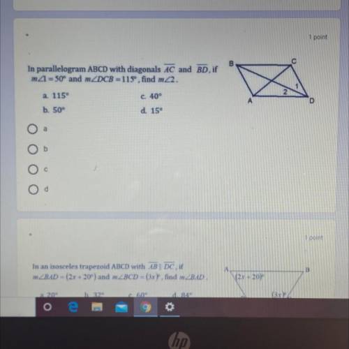 In parallelogram ABCD with diagonal AC and BD,If angle 1 =50 angleDCB =115 find angle 2￼