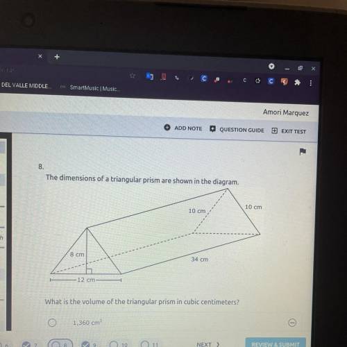 The dimensions of a triangular prism are shown in the diagram.

10 cm
10 cm
8 cm
34 cm
12 cm
What