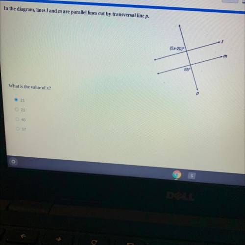 In the diagram, lines l and m are parallel lines cut by transversal line p. (5x-20) 85 what is the