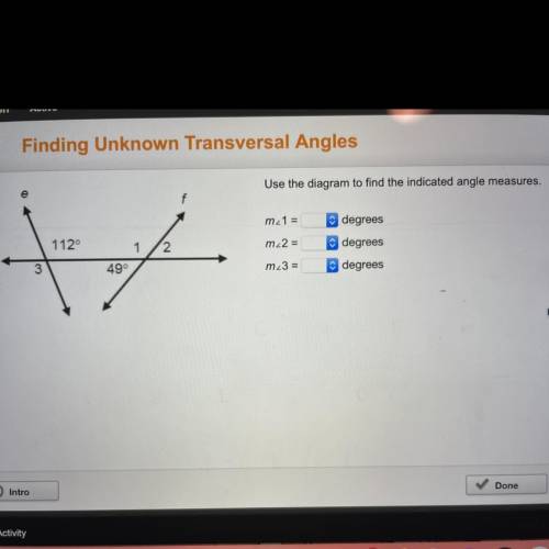 Use the diagram to find the indicated angle measures.

m1 =
degrees
m2 =
degrees
m3 =
degrees