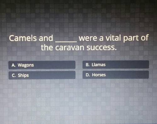 Camels and were a vital part of the caravan success. A. Wagons B. Llamas C. Ships D. Horses​