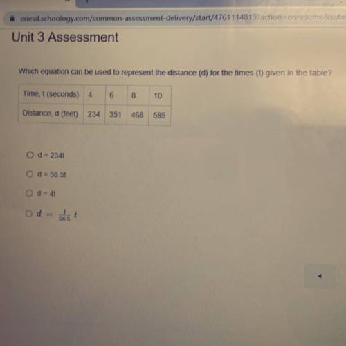 Which equation can be used to represent the distance (d) for the times (t) given in the table?

Ti