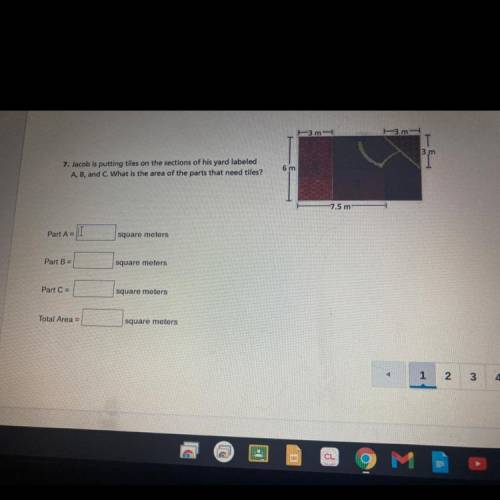 7. Jacob is putting tiles on the sections of his yard labeled

A, B, and C. What is the area of th