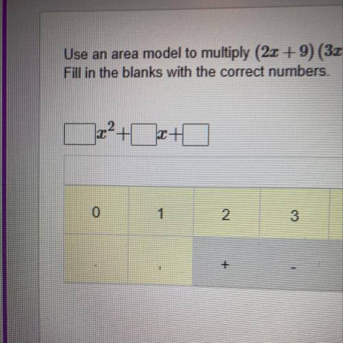 Use an area model to multiply (2x+9) (3x+4) full in the blanks with correct numbers