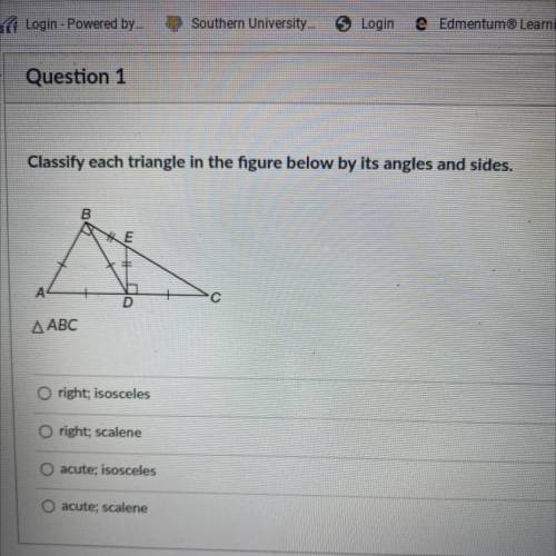 Classify each triangle in the figure below by its angles and sides.