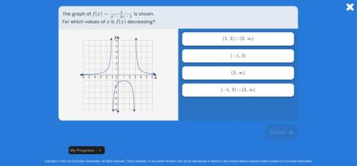 The graph of f(x) =  is shown.
For which values of x is f(x) decreasing?