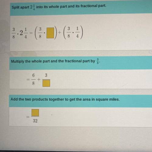 A plot of land is 3/8 mile by 2 1/4 miles. Spencer solves 3/8•2 1/4 to find the area of the land in