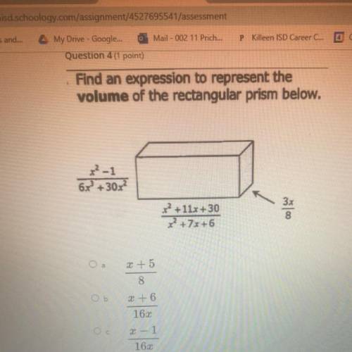 Find an expression to represent the
volume of the rectangular prism below,