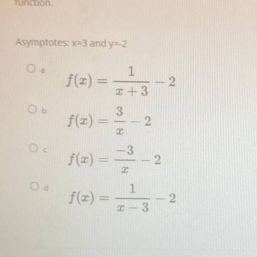 HELP NOW PLS!

The vertical and horizontal asymptotes of a reciprocal function are given below. Wr