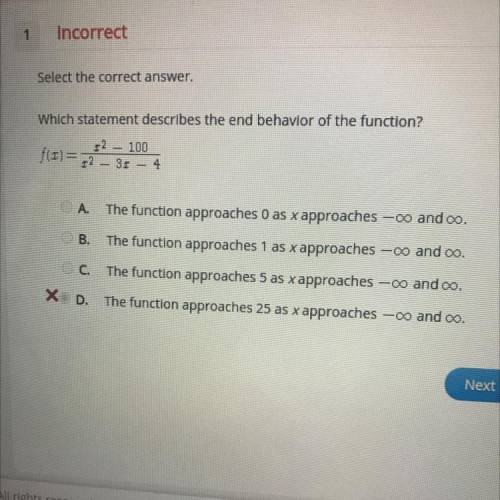Select the correct answer.

Which statement describes the end behavior of the function?
12 100
1 2