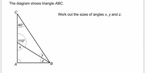 The diagram shows triangle ABC 
work out the sizes of angles x,y and z