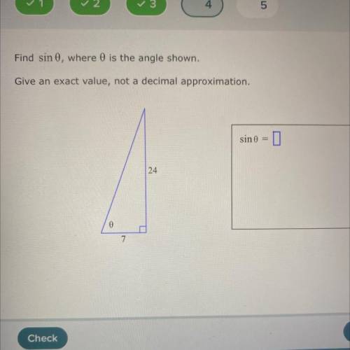 Find sin 0, where is the angle shown.
Give an exact value, not a decimal approximation.